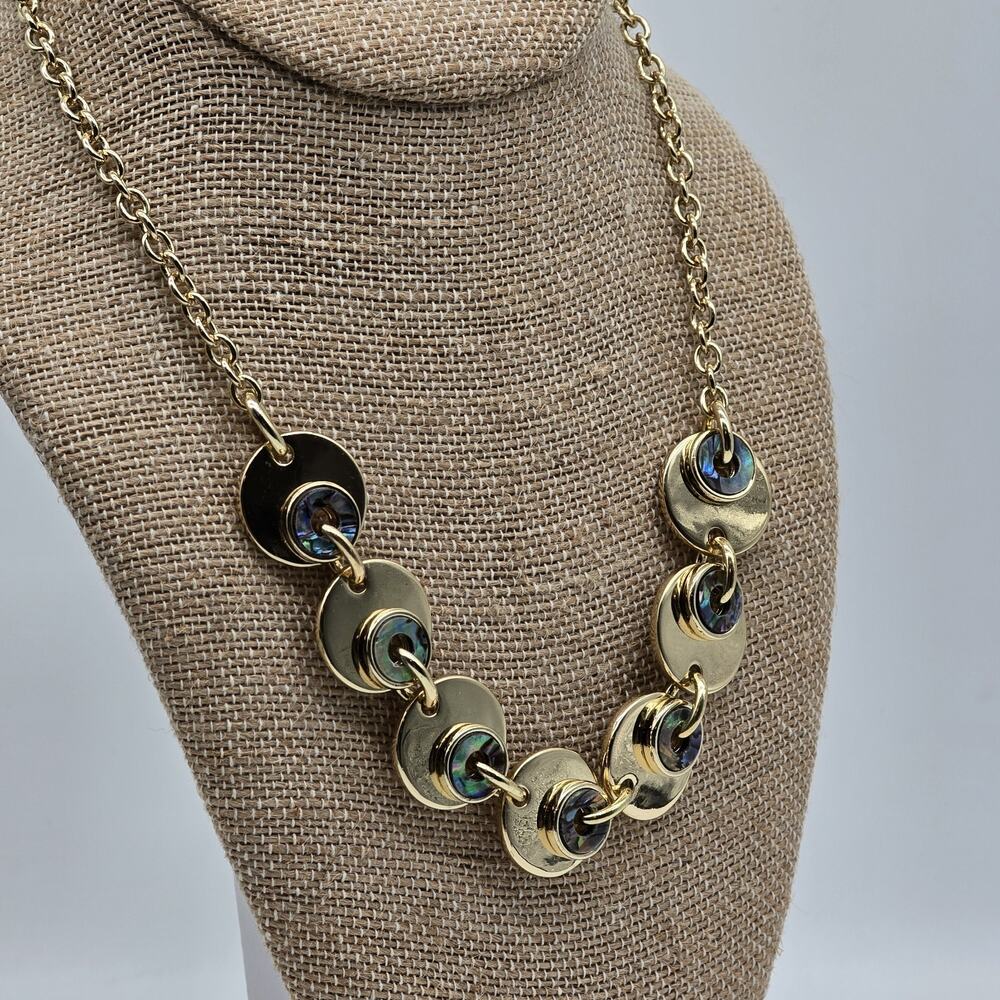 Erica Lyons Abalone Gold Tone Round Disc Statement Chain Necklace